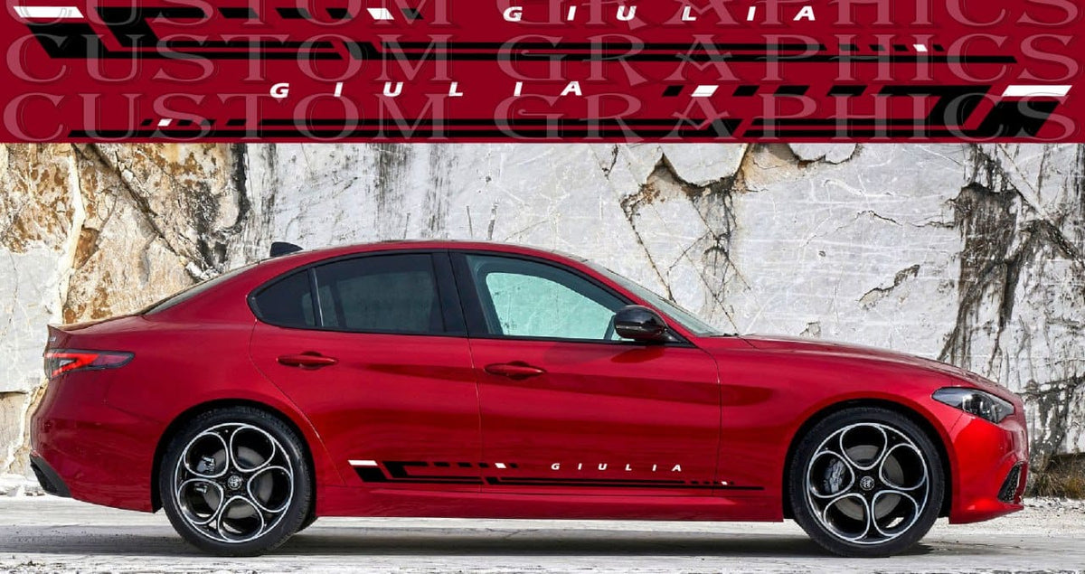 A red Alfa Romeo Giulia sedan shown in side profile against a textured stone wall, with a red banner at the top reading 'Custom Graphics Giulia'.