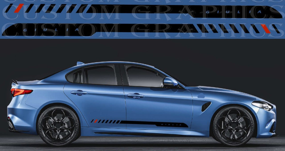 A side view of a blue BMW sedan with custom black vinyl graphics and stripes along the lower side, shown against a dark studio background with a close-up of the graphic design at the top.