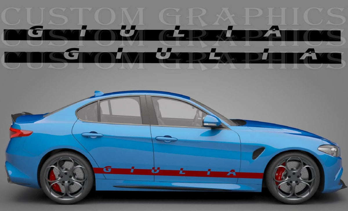 A side-view blue sports sedan on a gray studio background with a red stripe and black 'GIULIA' lettering along the lower side, plus two matching decal strips shown above. The image appears to be a digital mockup/render rather than a photographed physical product.