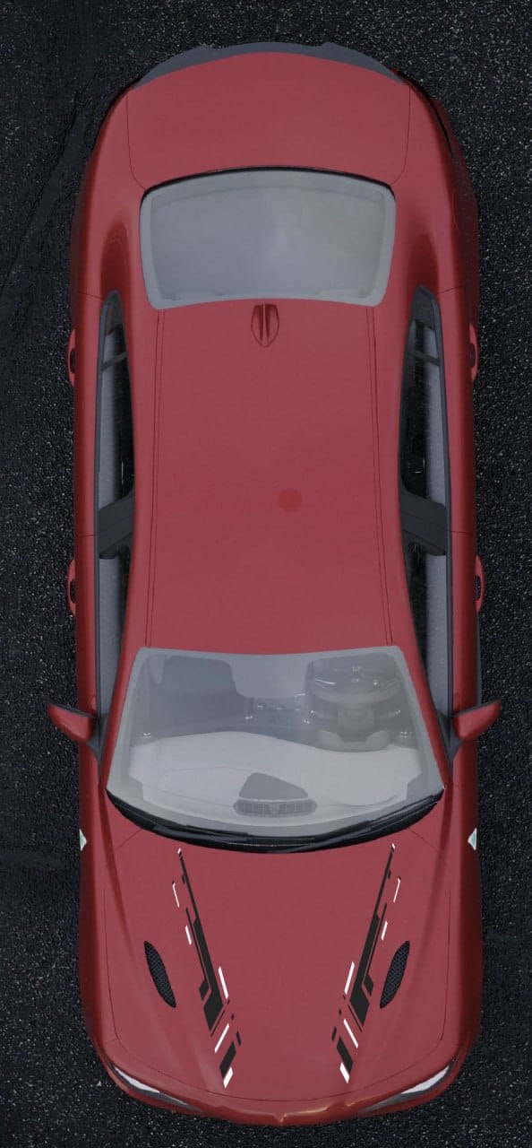 A top-down view of a red sports car with a dark roof and black wheels, set against a dark asphalt background.