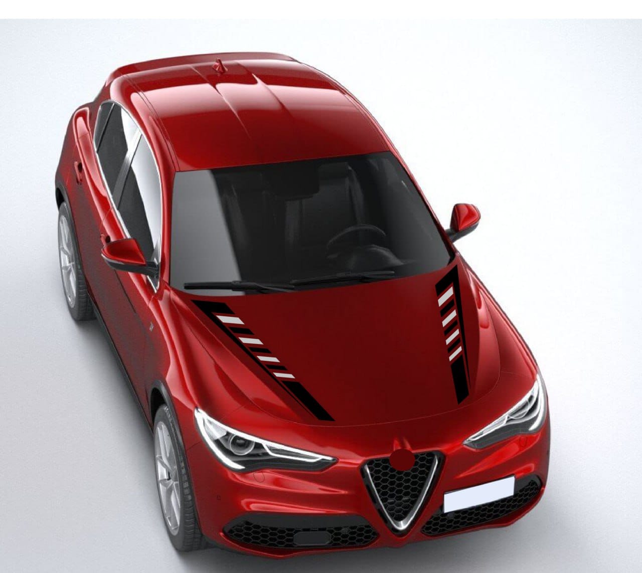 Custom vinyl hood decal on Alfa Romeo Stelvio – sporty graphic design for bold front-end styling upgrade.
