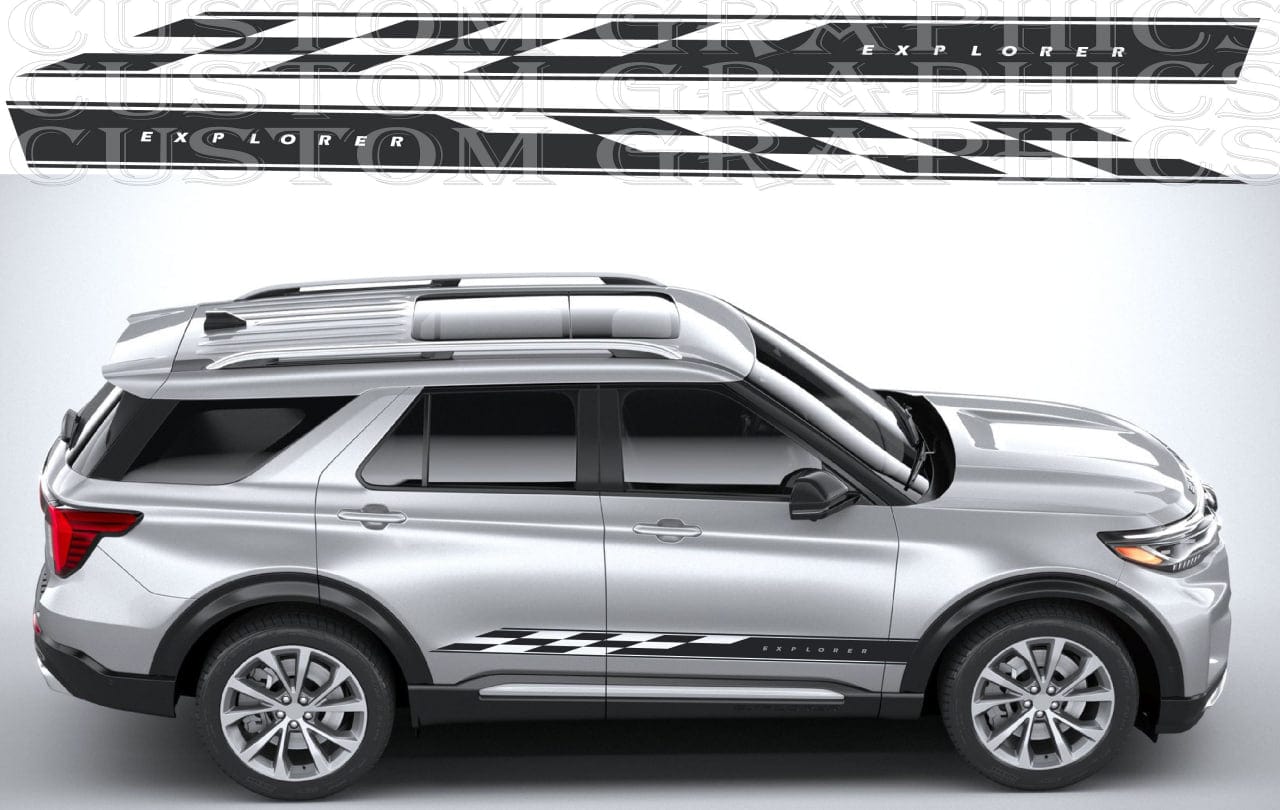 Bold side panel stripe sticker on silver Ford Explorer

