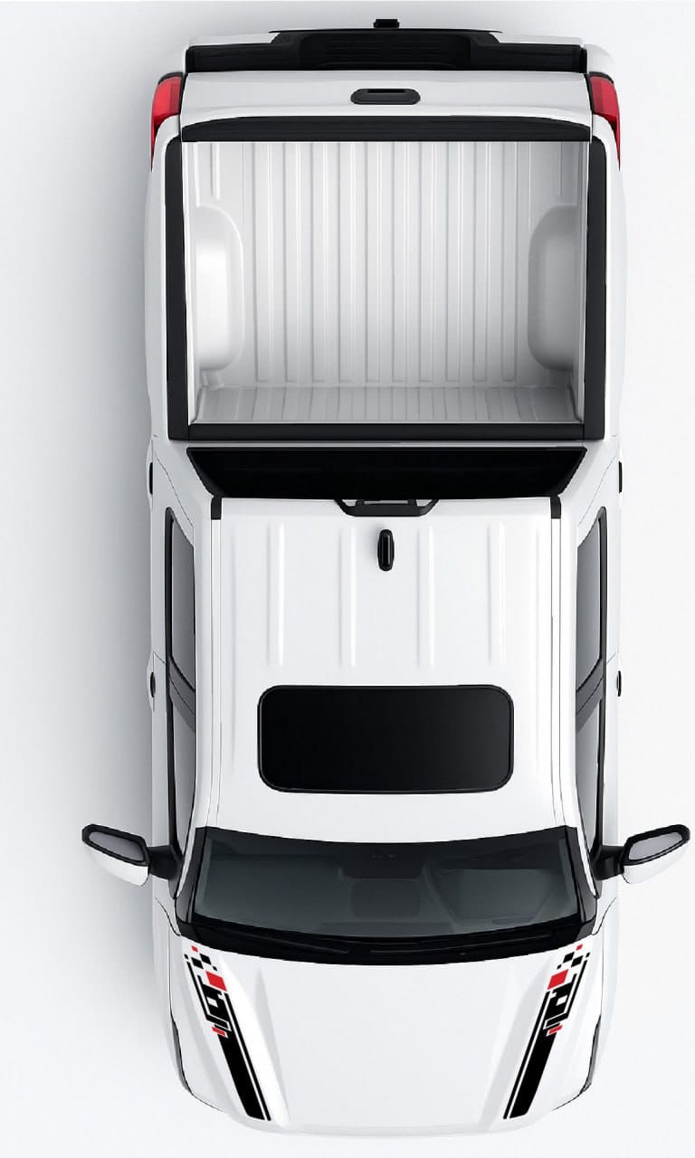 Top-down view of a white van with a black roof rack on a light gray background