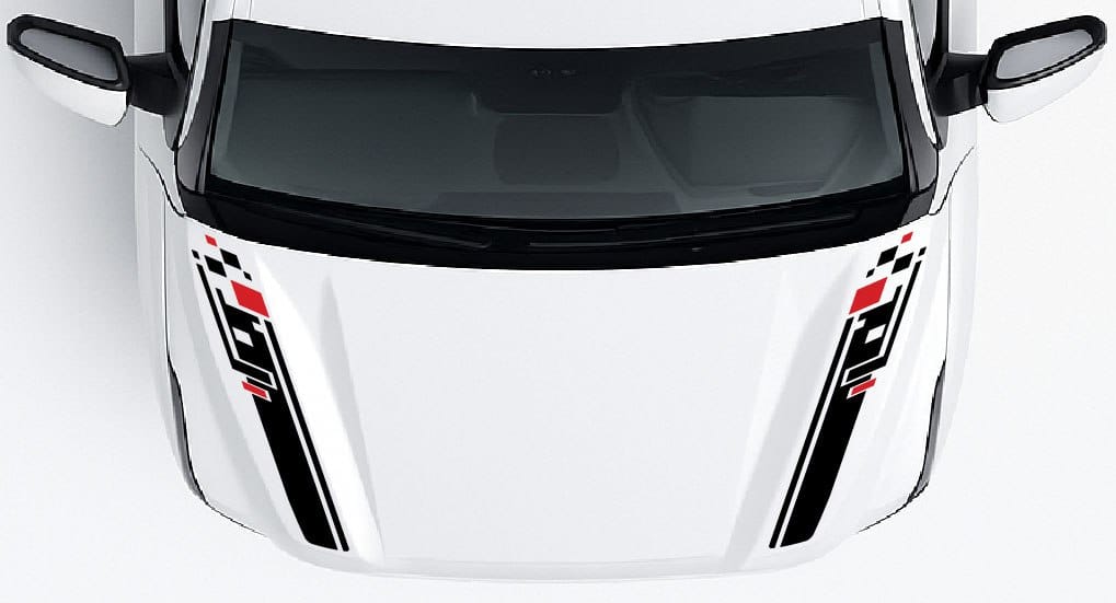 Car hood with racing decals on a white background