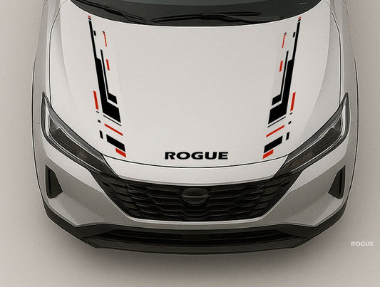Front view of a Nissan Rogue with hood decal on a gray background