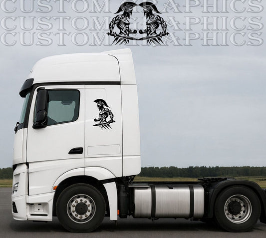 Custom spartan warrior vinyl decal installed on white truck cab side, minimalist black graphic