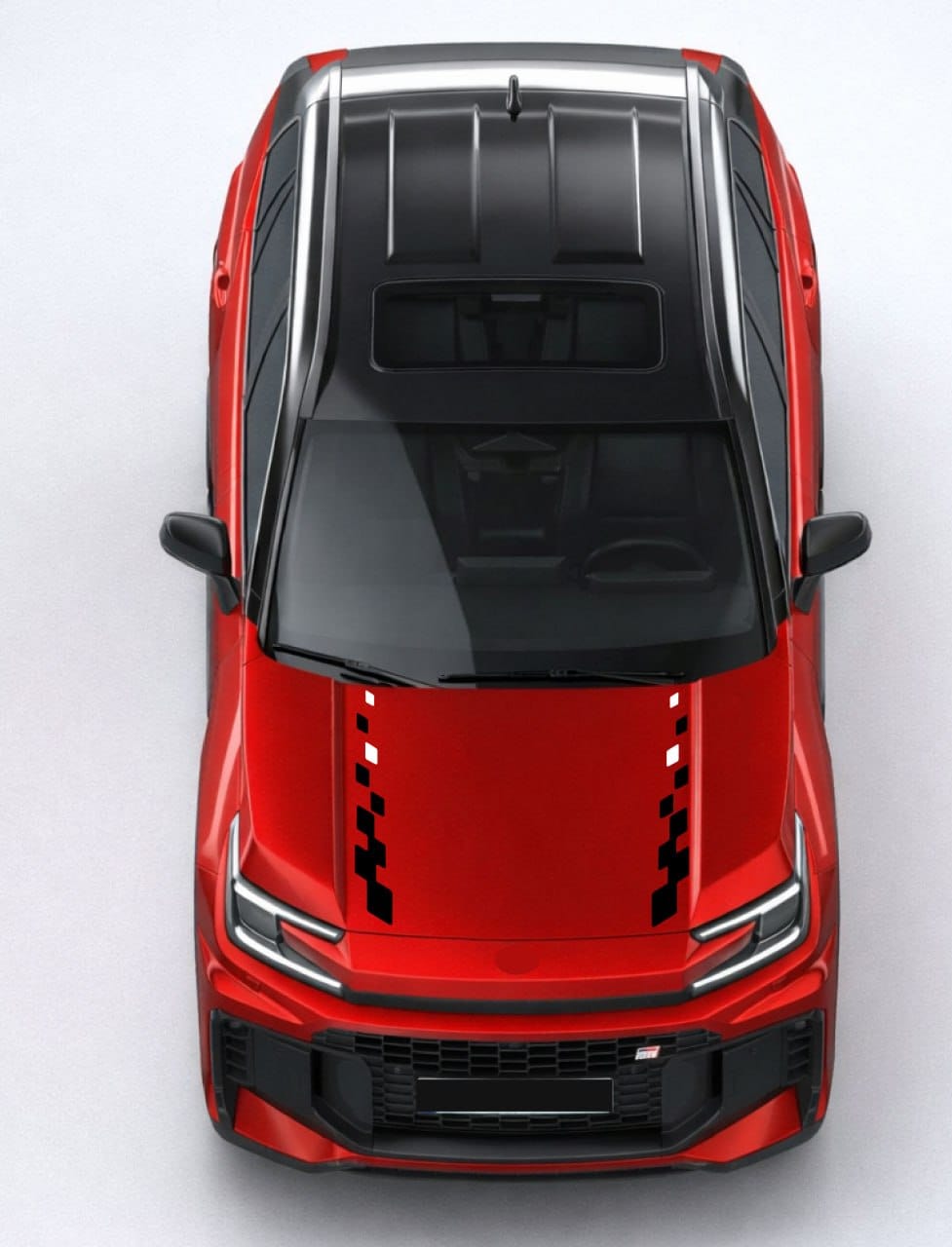 Top-down view of a red SUV on a white background