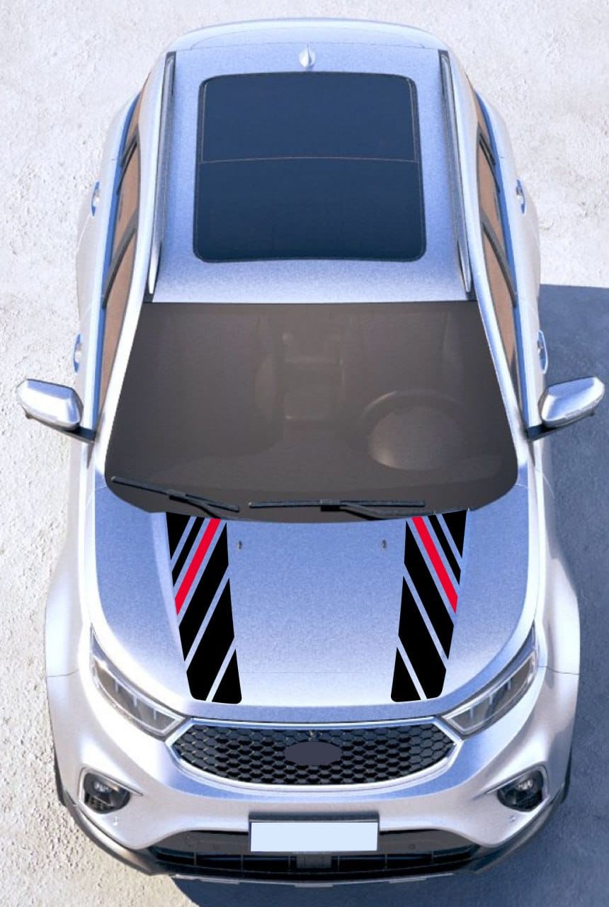 A silver SUV shown from a top-down view with black, red, and white diagonal racing stripes applied on the hood.