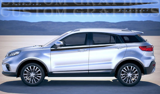 A silver SUV shown in a side profile view against a desert landscape backdrop with mountains in the distance. A watermark for 'Custom Graphics' is visible across the top.