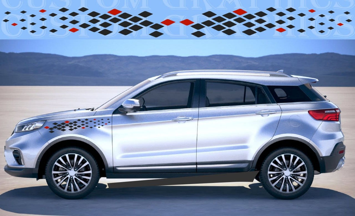 A silver SUV shown in a side profile view against a stylized desert background with a blue sky and distant mountains. The vehicle has black and red diamond-pattern decals on the front and rear quarter panels.