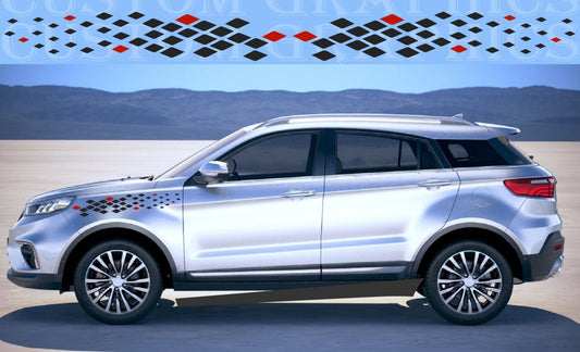 A silver SUV shown in a side profile view against a stylized desert background with a blue sky and distant mountains. The vehicle has black and red diamond-pattern decals on the front and rear quarter panels.
