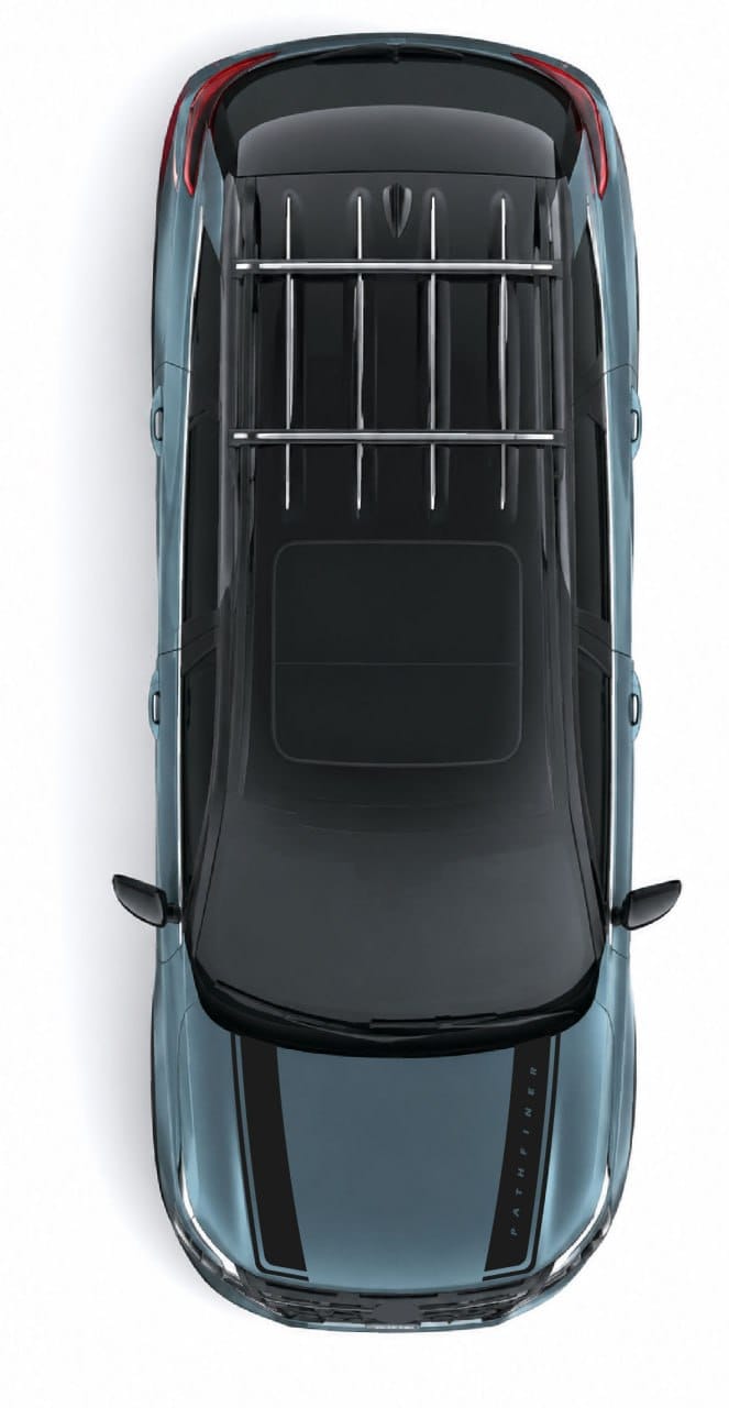 Top-down view of a metallic blue-gray SUV with a black roof rack and dark tinted sunroof, isolated on a white background.