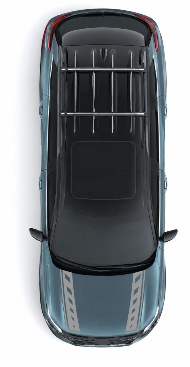 Top-down view of a metallic blue-gray SUV with a black roof, silver roof rack, and gray hood stripes, isolated on a white background.