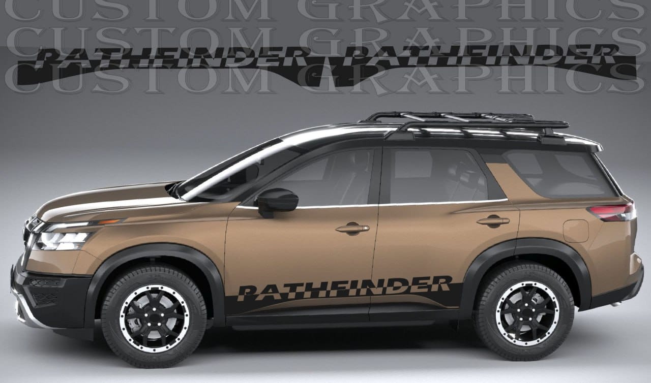 A side view of a tan and black Pathfinder SUV with custom black graphics decals on the side, set against a gray studio background with a faint watermark.
