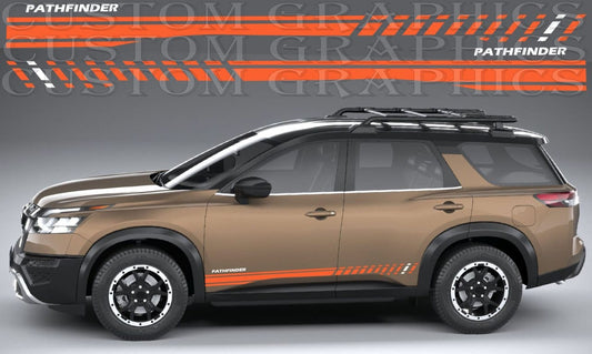 A side view of a tan Pathfinder SUV with orange and black custom vinyl decals applied along the lower side and roof, shown against a gray studio background with a larger decal graphic at the top labeled Pathfinder.