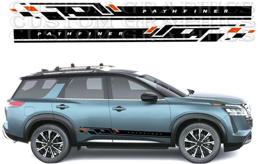 Custom vehicle graphics decals shown above a side view of a blue SUV, with the decals displayed as black, white, and orange stripe designs labeled PATHFINER.