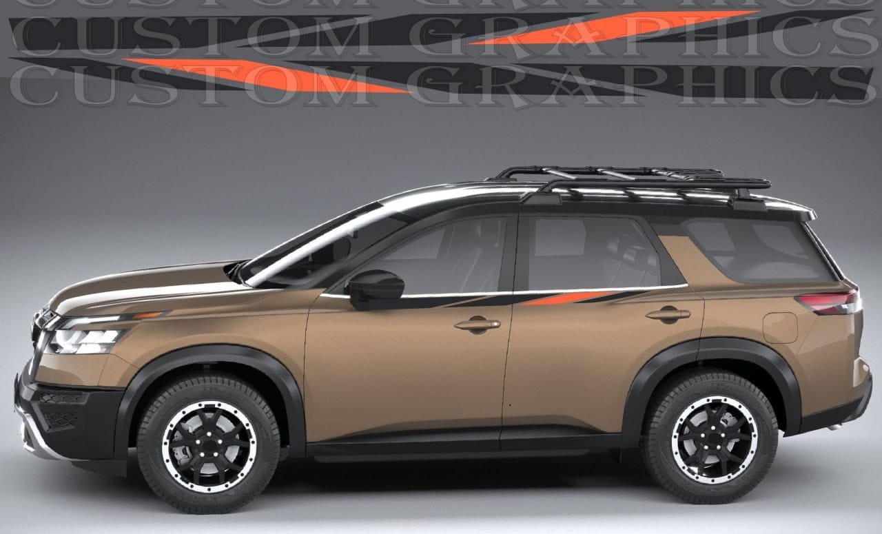 A side view of a tan and black SUV with a roof rack, shown against a gray gradient background with a watermark of 'Custom Graphics' at the top.