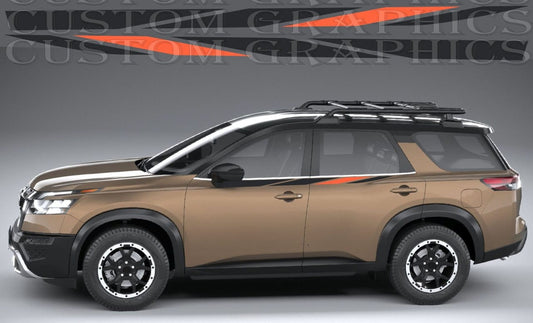 A side view of a tan and black SUV with a roof rack, shown against a gray gradient background with a watermark of 'Custom Graphics' at the top.