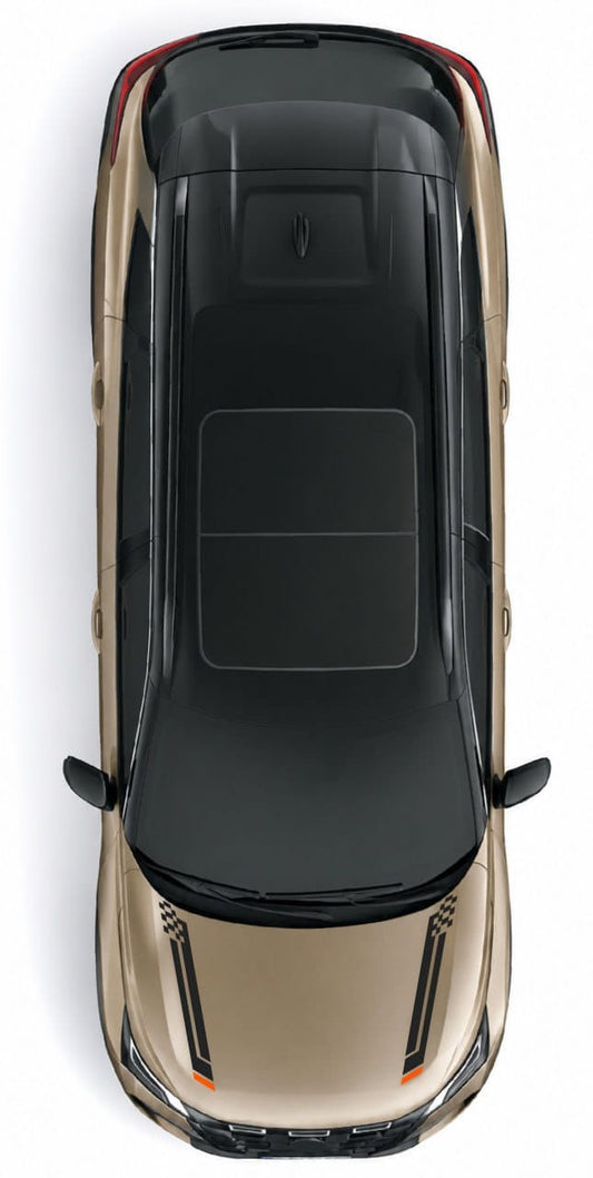 Top-down view of a metallic champagne-gold vehicle with a large black roof and sunroof, isolated on a white background.