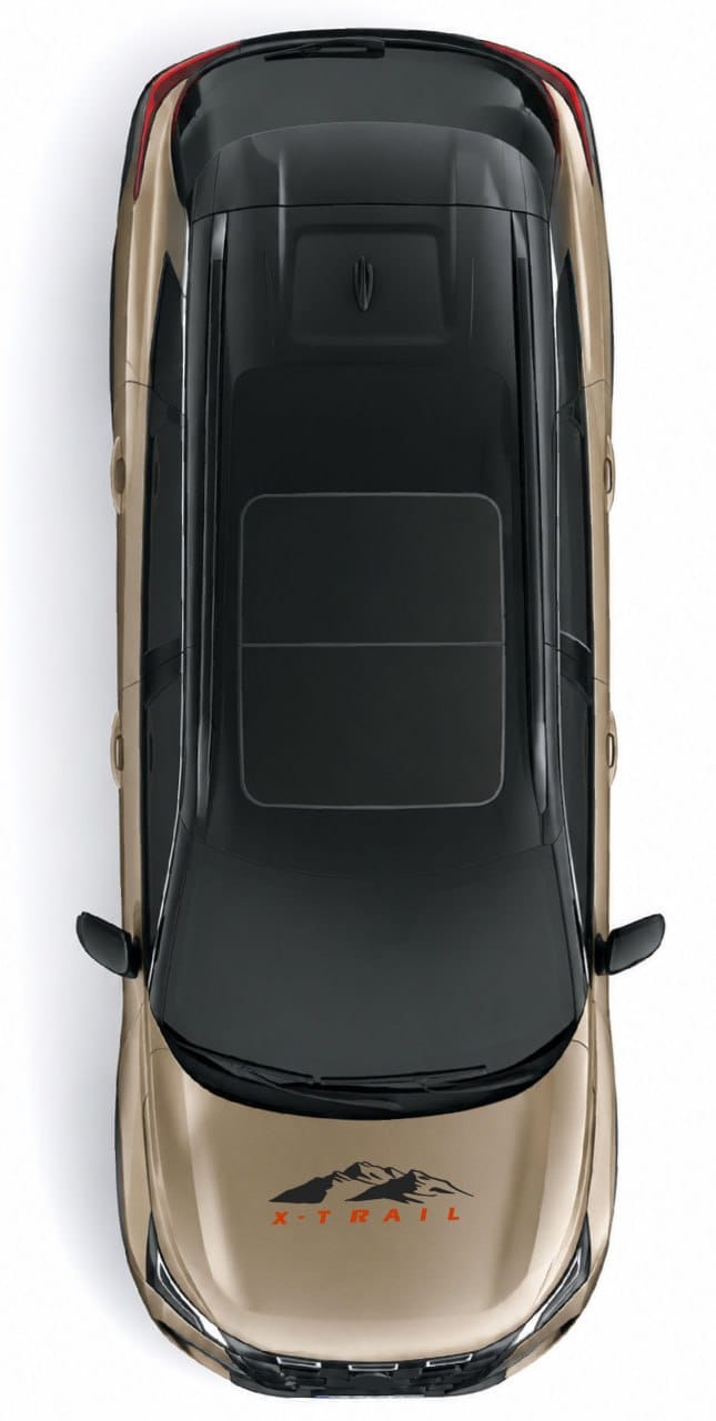 Top-down view of a gold A-Trail SUV with a black roof and a mountain logo decal on the hood, set against a plain white background.