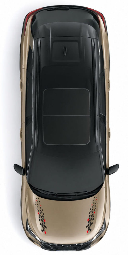 Top-down view of a metallic champagne-gold car with a black roof and decorative red and black checkered decals on the hood, set against a plain white background.