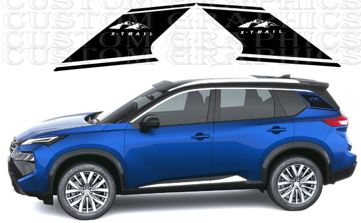 A blue SUV shown in side profile on a white background, with two black triangular decal graphics above it featuring the word XTRAIL and a mountain-style logo. The image appears to be showing a vehicle decal/sticker set rather than the car itself.
