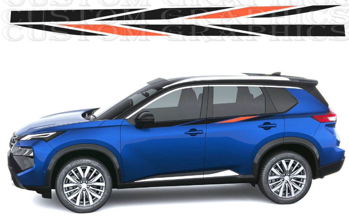 A blue SUV shown in side profile on a white background, with a black, white, and orange racing-style decal graphic displayed above it. The decal design is the product being sold, while the car serves as a demonstration of where it can be applied.
