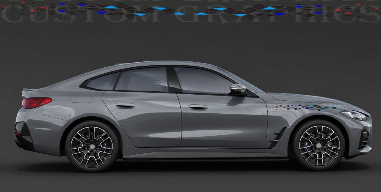 A side profile view of a gray BMW sedan with a custom blue and red graphic decal applied to the front fender and wheel arch area, set against a dark gray studio background.