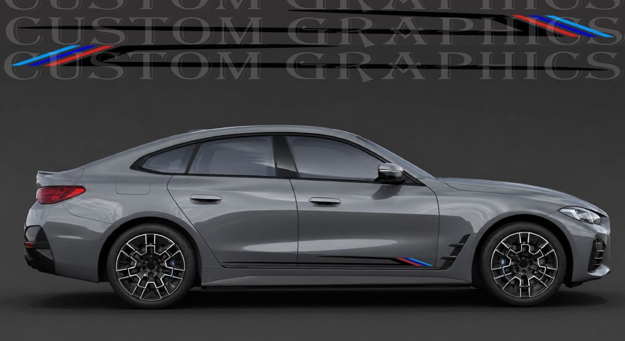 A gray BMW sedan shown in side profile on a dark studio background, with a custom black strip decal applied along the lower side panel. The decal includes thin black stripes and small blue and red accents near the rear wheel arch.