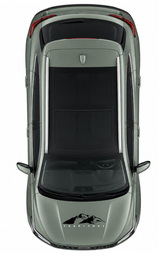 Top-down view of a silver SUV with a black mountain graphic and 'TERRITORY' text on the hood, isolated on a white background.