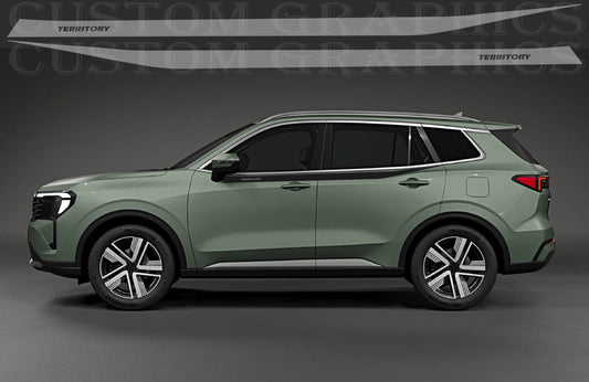 A side-view studio render of a compact SUV in a muted sage green color, shown against a dark gray gradient background with a faint 'Custom Graphics' watermark across the top.