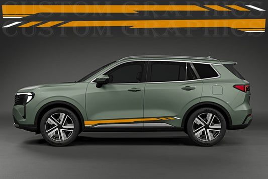 A side view of a sage green SUV with a yellow and black graphic decal strip applied along the top and lower side panels, set against a dark gray studio background.