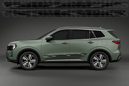 A side profile view of a sage green SUV with custom dark gray graphics along the lower side panels, set against a dark gray studio background with a faint watermark.