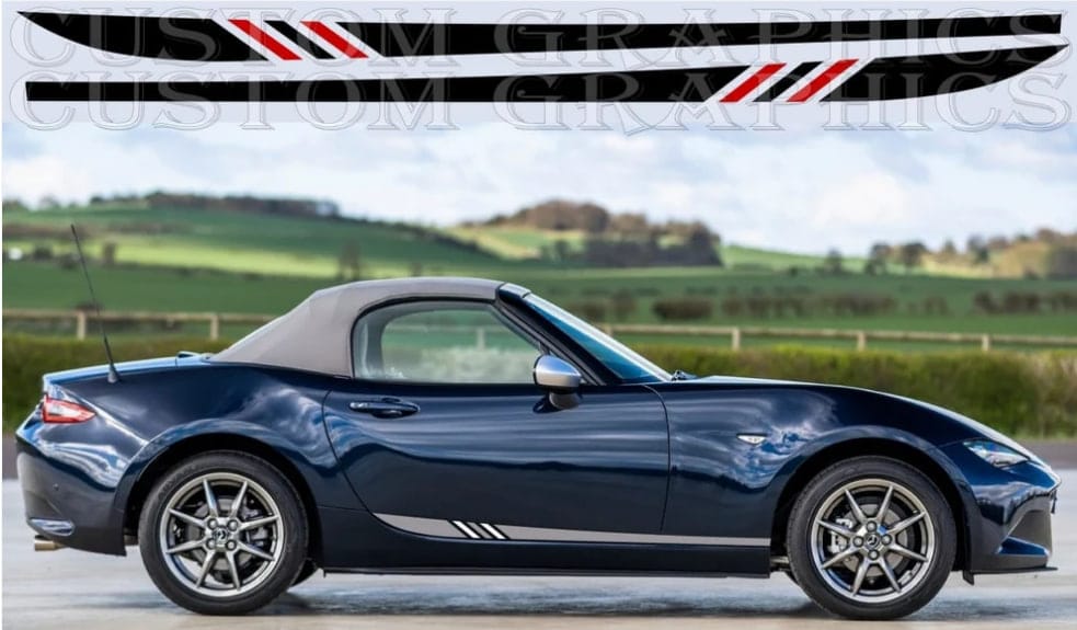 A dark blue convertible sports car shown in side profile against a blurred countryside background, with a black, white, and red striped decal graphic overlaid across the top of the image.