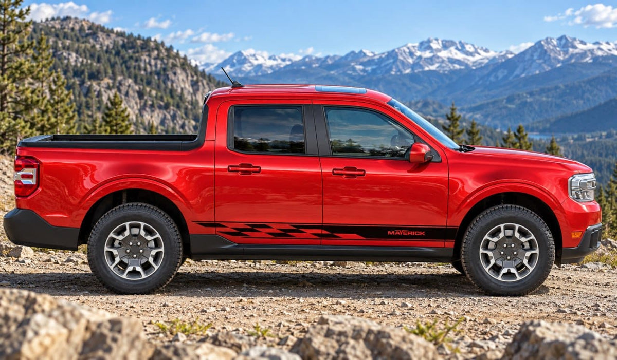 Red Ford Maverick with black geometric side graphics, shown in profile against a mountain landscape.