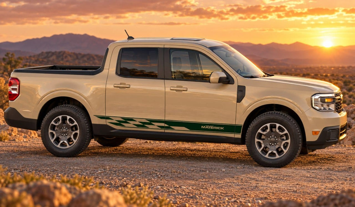 Beige Ford Maverick with green side stripe decals, shown outdoors at sunset.