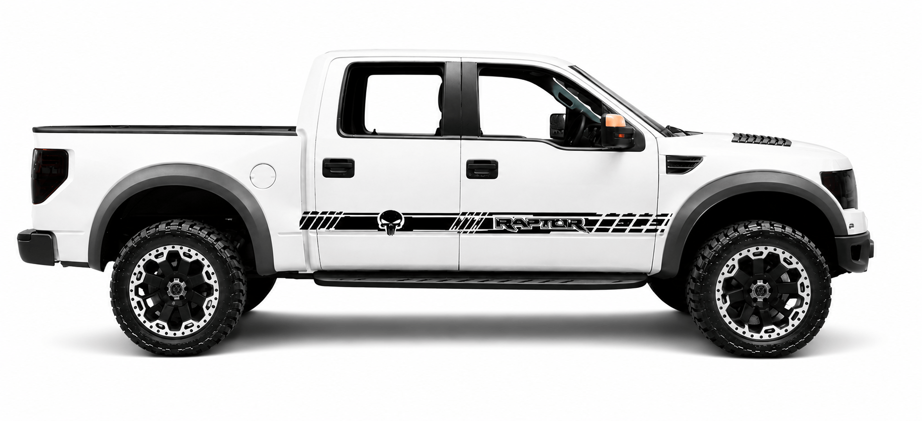 White pickup truck with black decals on a white background