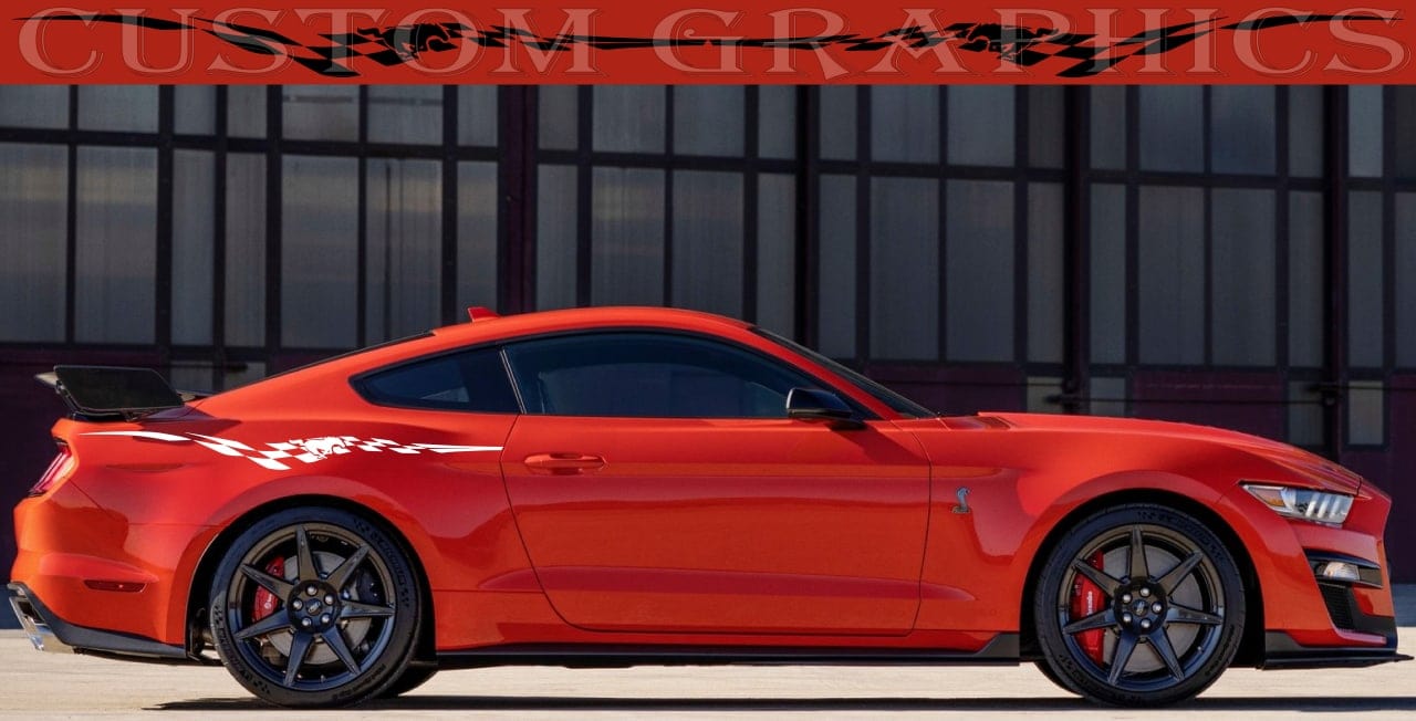 A red Ford Mustang GT with custom vinyl stripes on the side, parked in front of a building with 'Custom Graphics' sign.