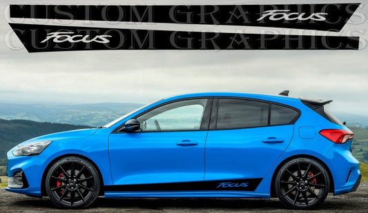 Ford Focus hatchback with aftermarket side stripe vinyl decal design on body