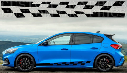The image shows a blue Ford Focus hatchback with a vinyl decal design featuring black stripes and red accents on the side.