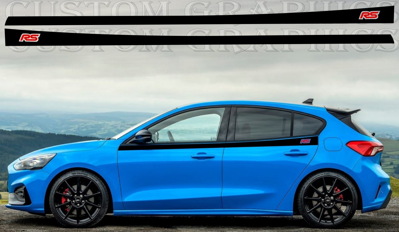 Side view of blue Ford Focus with custom black vinyl side stripe decals