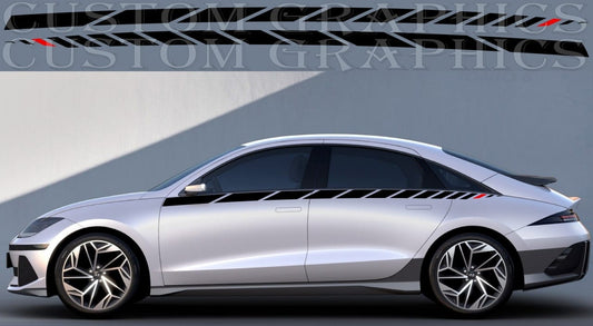 Side view of a silver Hyundai Ioniq 6 with custom black and red stripes on the body.