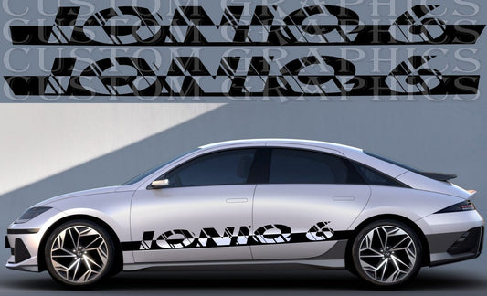 Side view of a silver Hyundai Ioniq 6 car featuring black and white geometric patterned vinyl stripes on the lower part of the body.