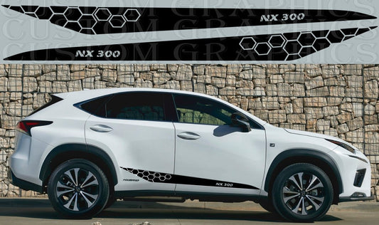 Side view of a white Lexus NX car featuring black honeycomb pattern design vinyl stickers on the lower doors.