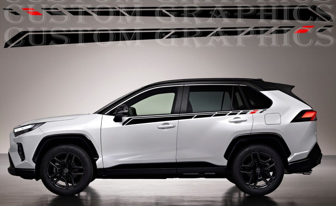 A Toyota Rav4 with custom racing stripes decals in black, red, and white colors applied on its side.