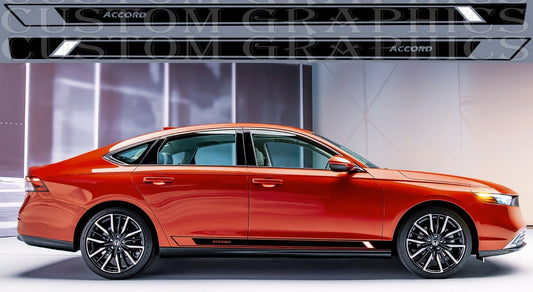 This image features a sleek Honda Accord, showcased in a vibrant red color, highlighting the car's stylish design. The Accord is adorned with a pair of custom-designed vinyl decals that add a distinctive racing stripe style to its body.