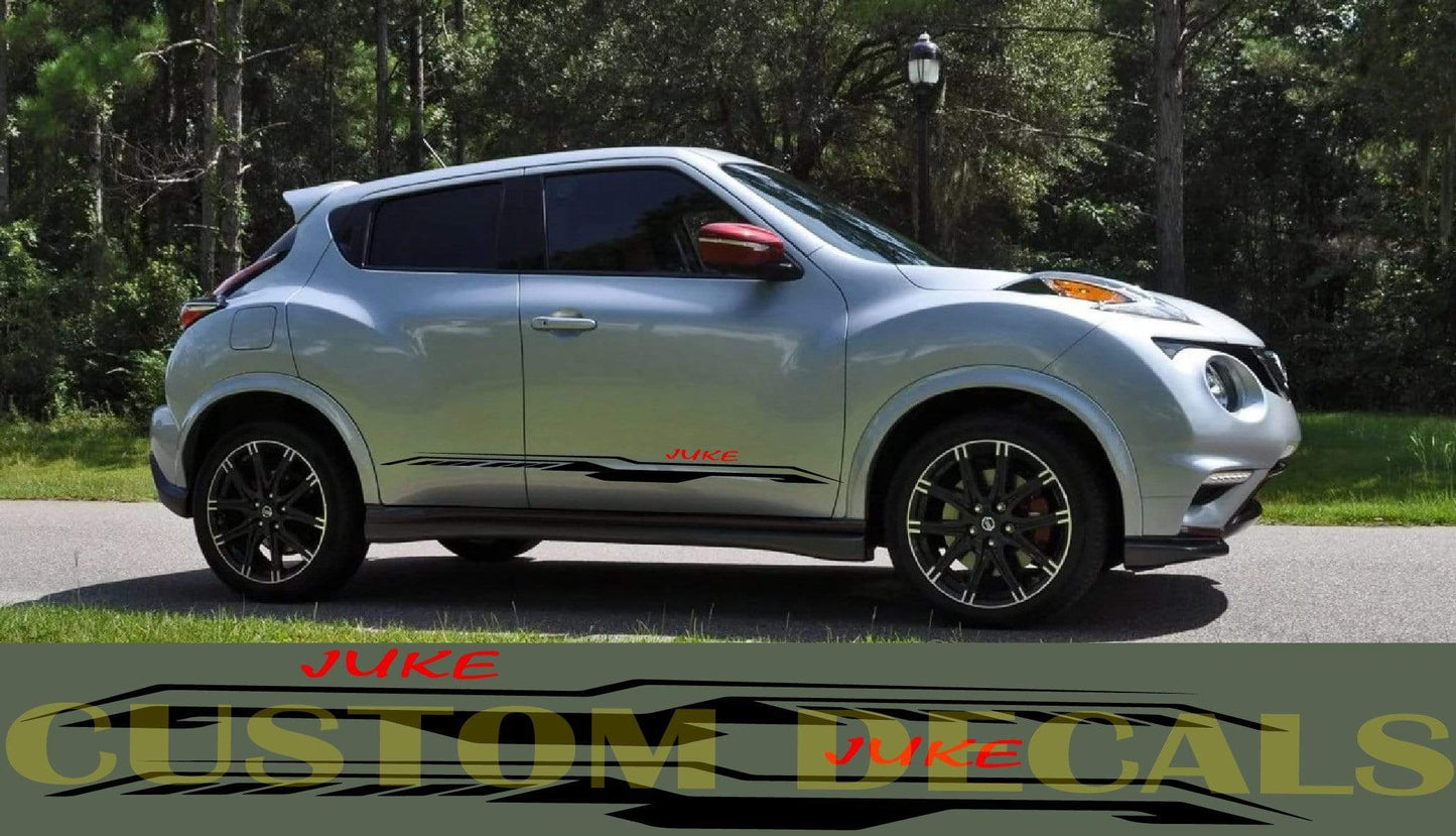 A Nissan Juke hatchback with custom decals on the side, featuring a design that includes stripes and the brand logo.
