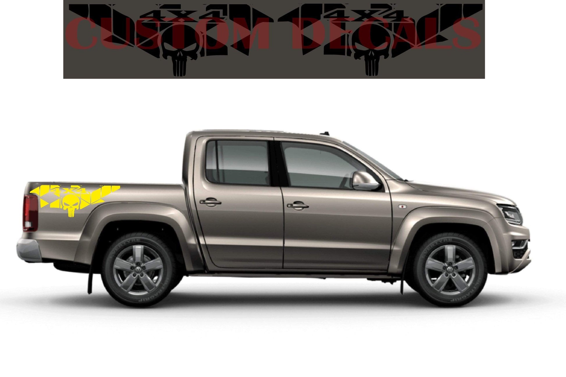 A truck with a custom rear decal design, showcasing the graphics that can be applied to the vehicle.